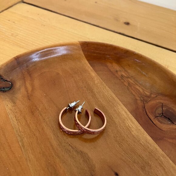 Copper Textured Stud Earrings Open Hoop Small 3/4" - Picture 3 of 7